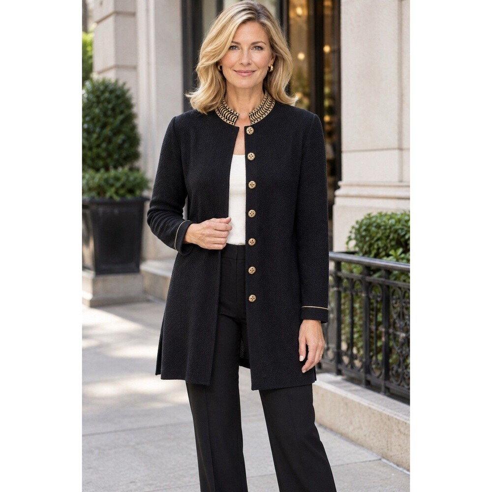 Vintage St John Evening Marie Gray Black knit Long Jacket Gold Buttons USA Sz 8